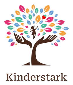 Kinderstark: Die Grafik symbolisiert einen Baum, dargestellt als stützende Hände, die ein Kind in die mit bunten Blättern gefüllte Baumkrone tragen.